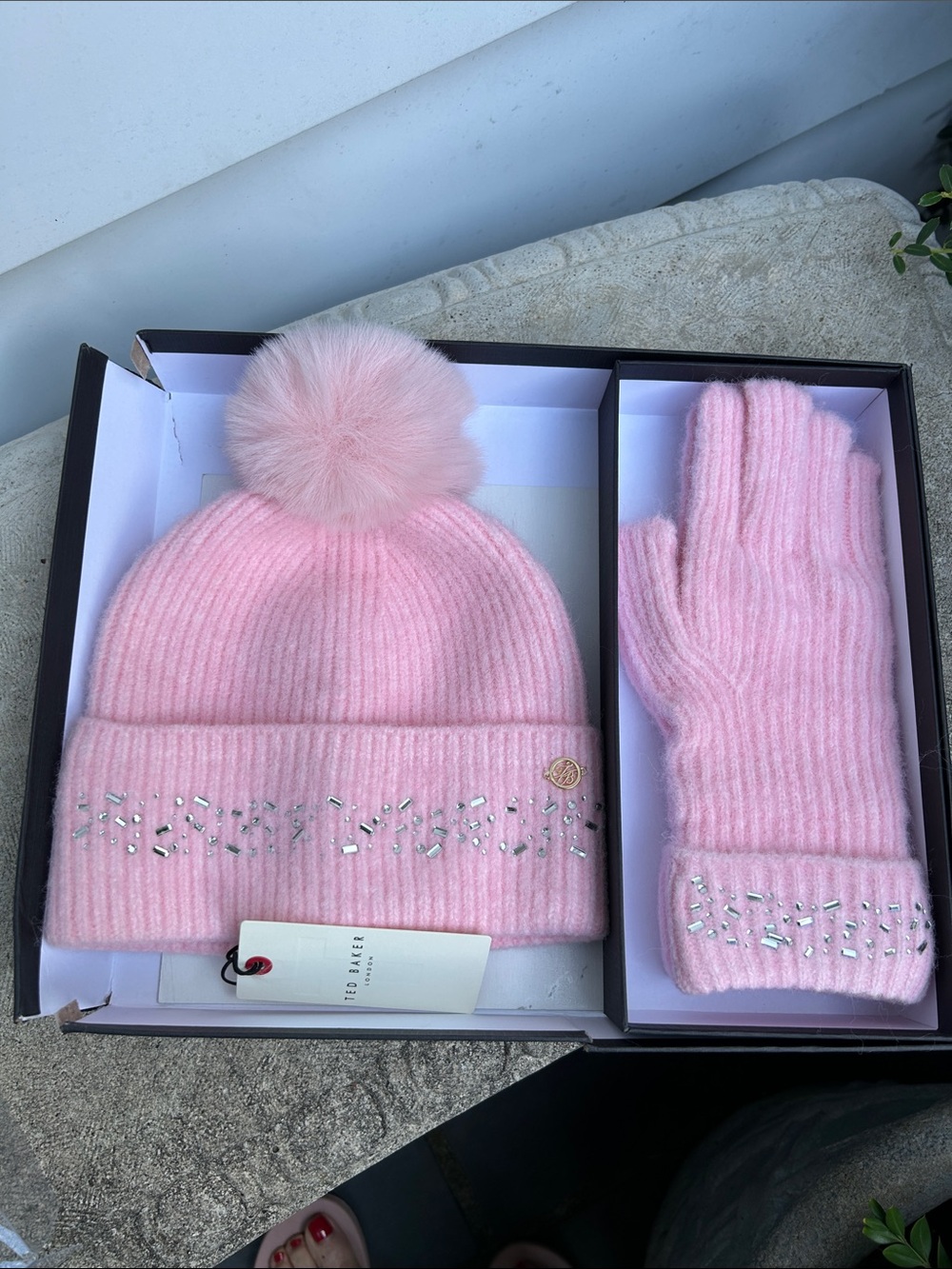Ted Baker Pink Knit Pom-Pom Beanie and Glove Set